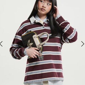 Cotton On Long Sleeve Striped Polo Rugby Shirt in Choc Cherry Miu Miu inspired